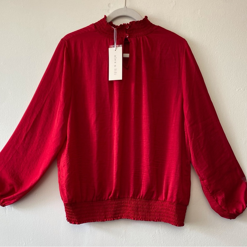 Title: Alex & Lili Red Smocked High Neck Blouse – NWT  Size XL - Picture 3 of 12